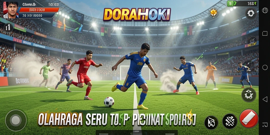 Tampilan gameplay seru dalam DORAHOKI yang menampilkan aksi olahraga.