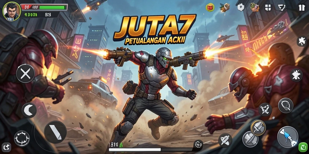 Tampilan seru gameplay aksi JUTA7 dengan pertempuran epik.
