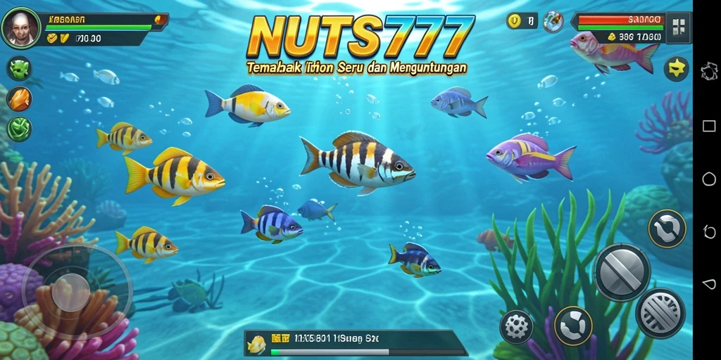 Gameplay seru NUTS777 dengan ikan berwarna-warni dan senjata menarik.