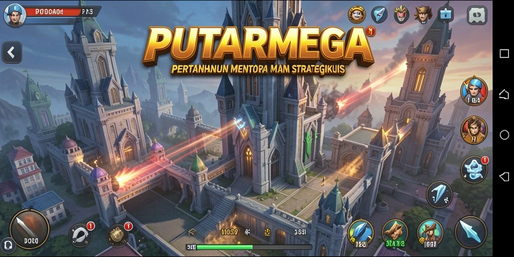 Screenshot dari gameplay PUTARMEGA menampilkan aksi menara bertahan.