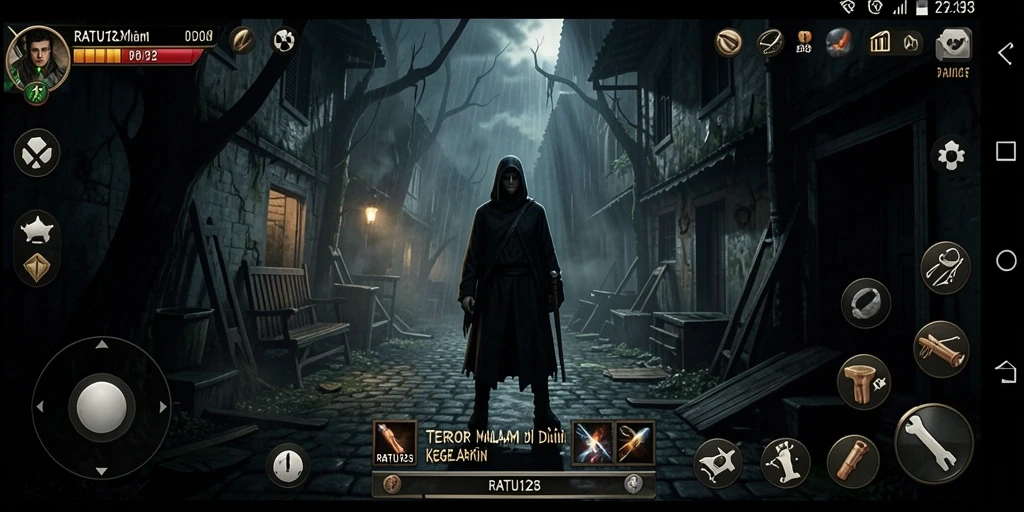 Tangkapan layar gameplay RATU123 menampilkan suasana mencekam dengan efek visual yang mendalam.
