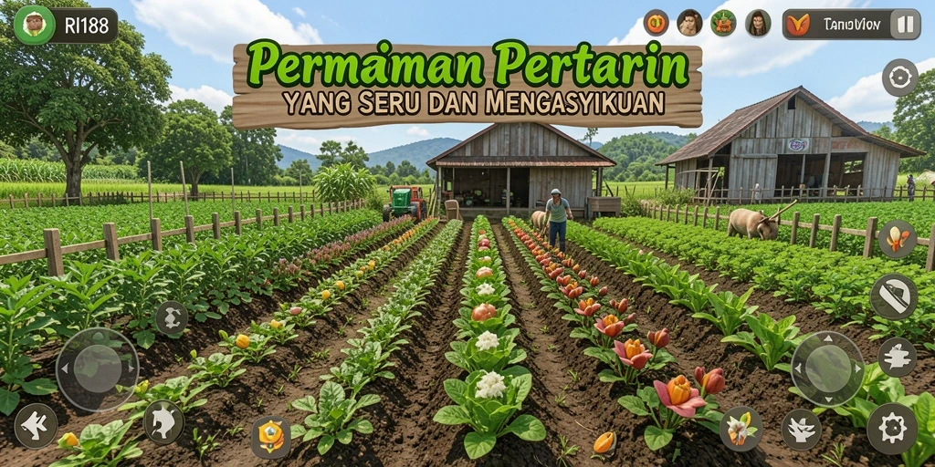Screenshot utama RI188 menampilkan aktivitas bertani yang menyenangkan dan interaksi hewan.