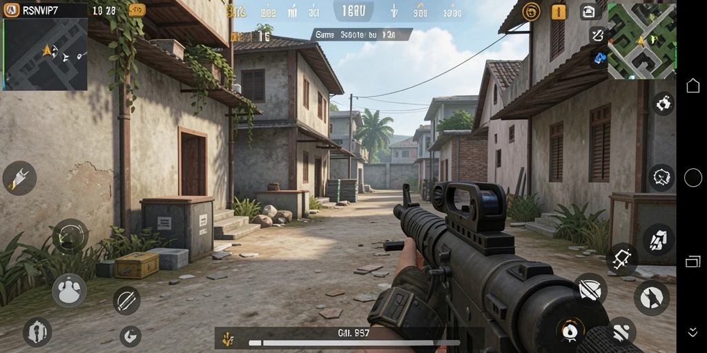 Screenshot utama RSNVIP7 menampilkan aksi tembak-menembak yang intens dalam game FPS.