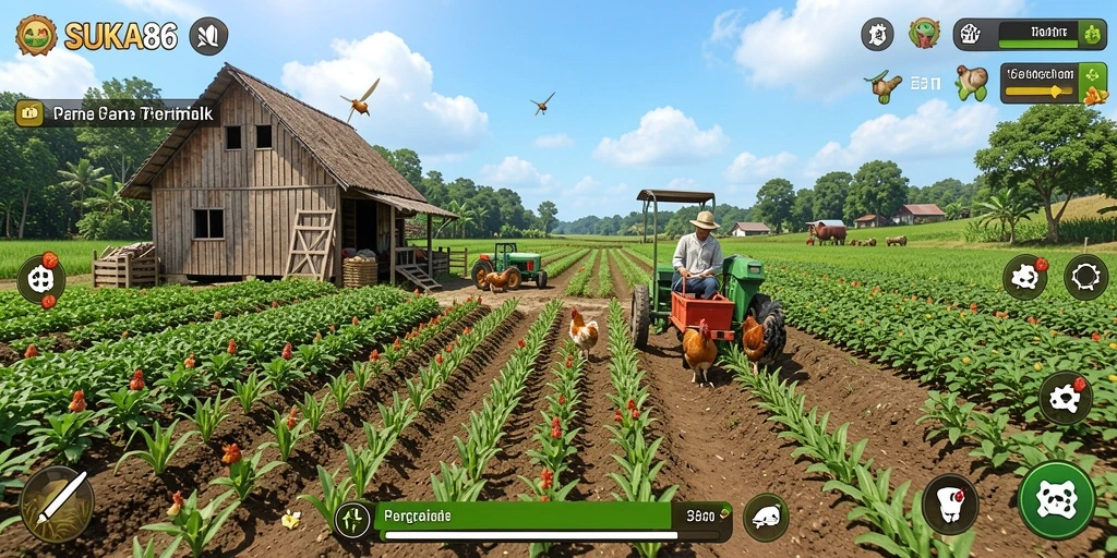 Screenshot gameplay SUKA86 menampilkan ladang subur dengan berbagai tanaman.