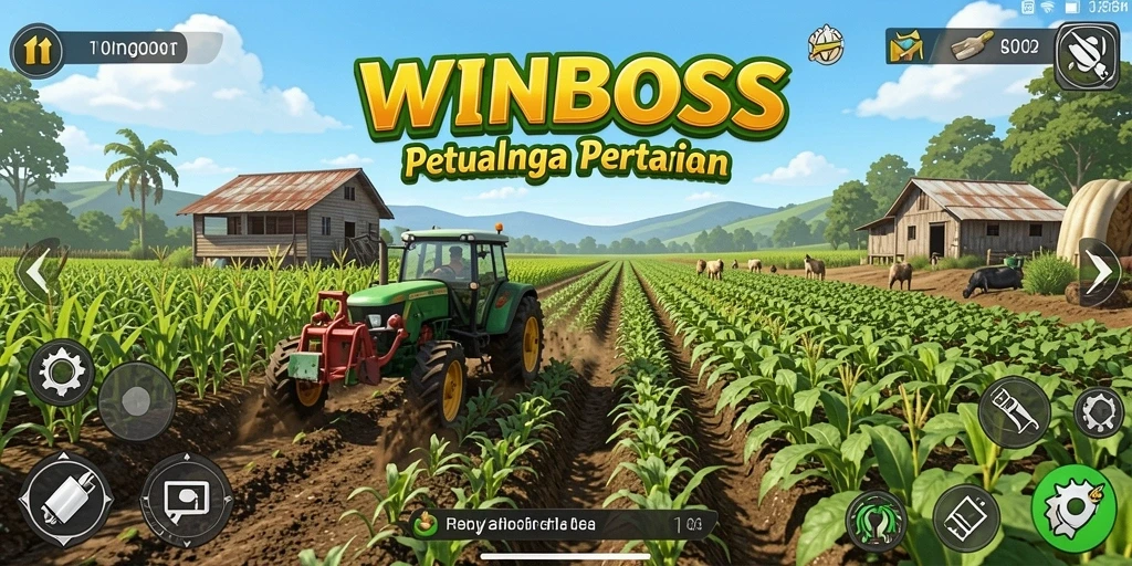 Screenshot gameplay <strong>WINBOSS</strong> menunjukkan kebun yang indah dan tanaman yang subur.